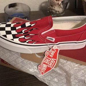 Checked slip on vans with red flame